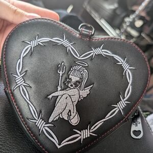 Heart-Shaped Black and White Embroidered Pouch